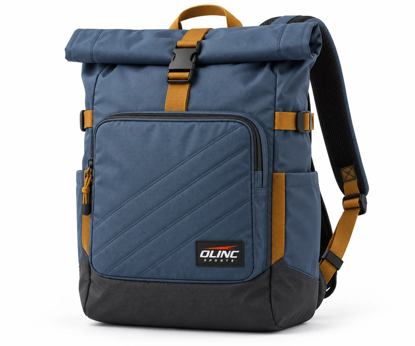 Bag Ridgeline Rolltop Team Pack front design visualization: slate blue body, charcoal base and ochre webbing