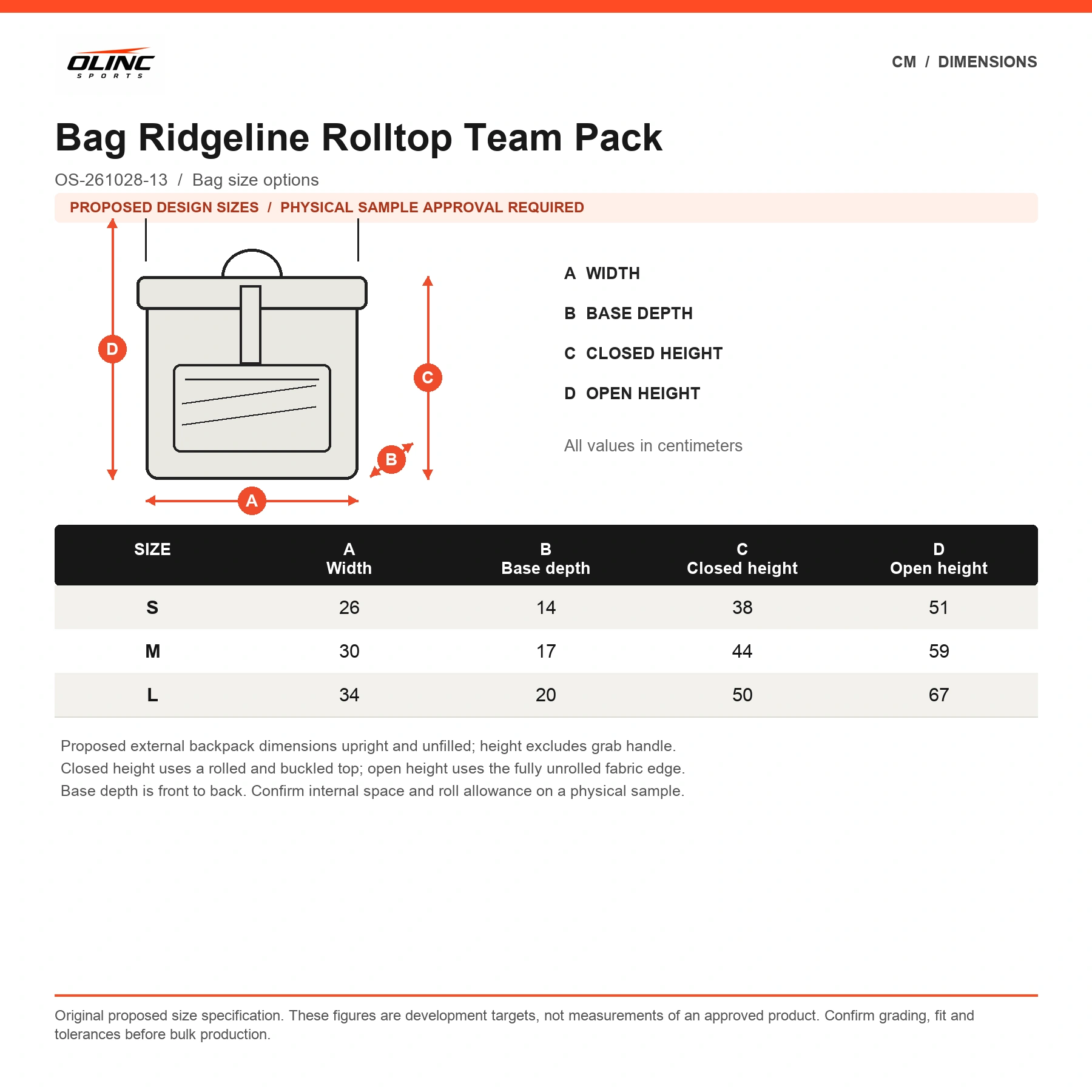 Bag Ridgeline Rolltop Team Pack proposed numeric size chart in cm with labeled technical measurement illustration