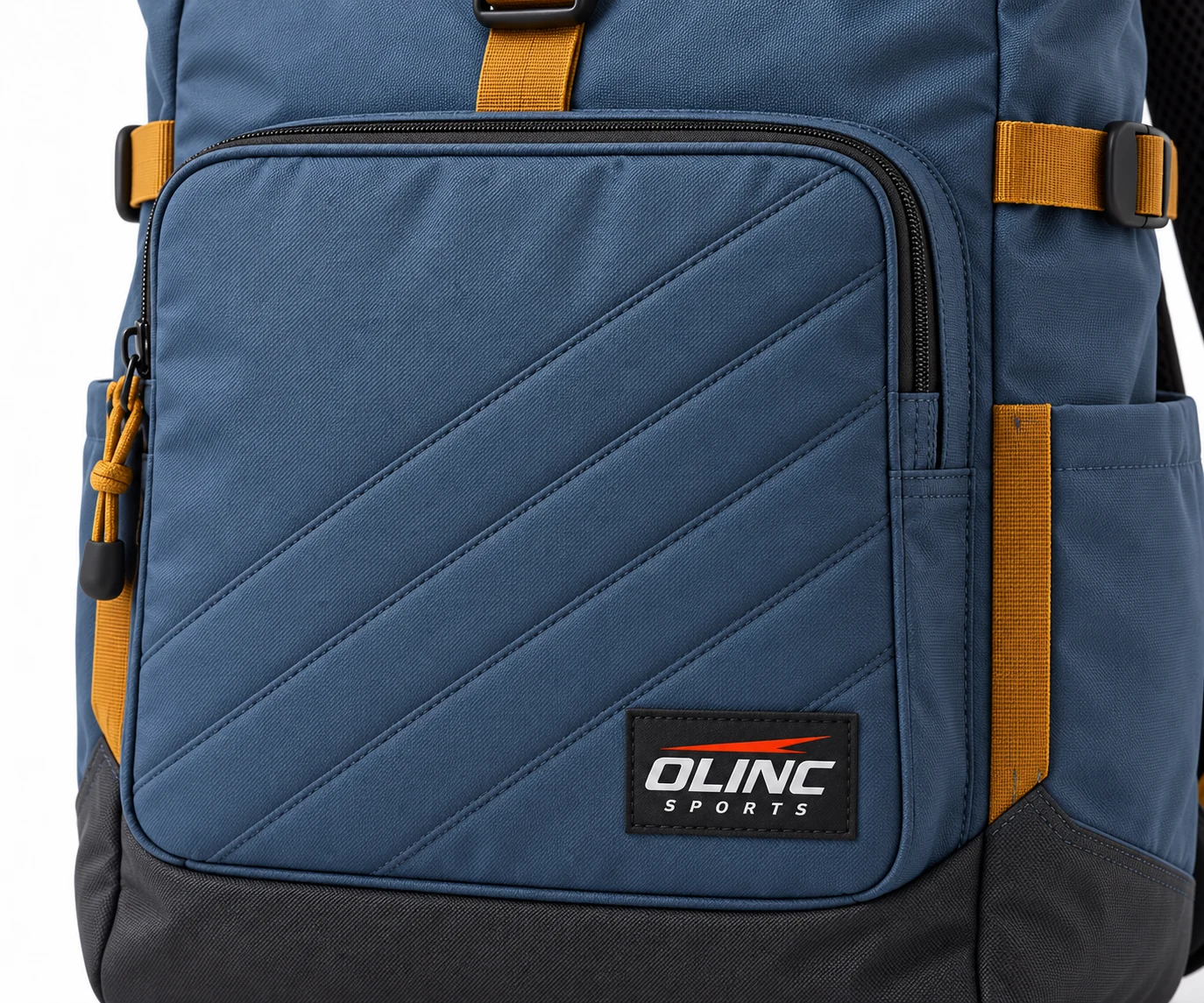 Bag Ridgeline Rolltop Team Pack zoom design visualization: slate blue body, charcoal base and ochre webbing