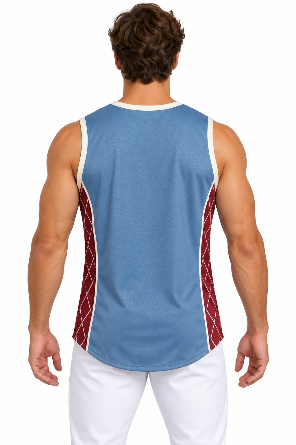 Baseball Ledger Sleeveless Jersey back design visualization: dusty blue body, ivory binding and deep burgundy side panels