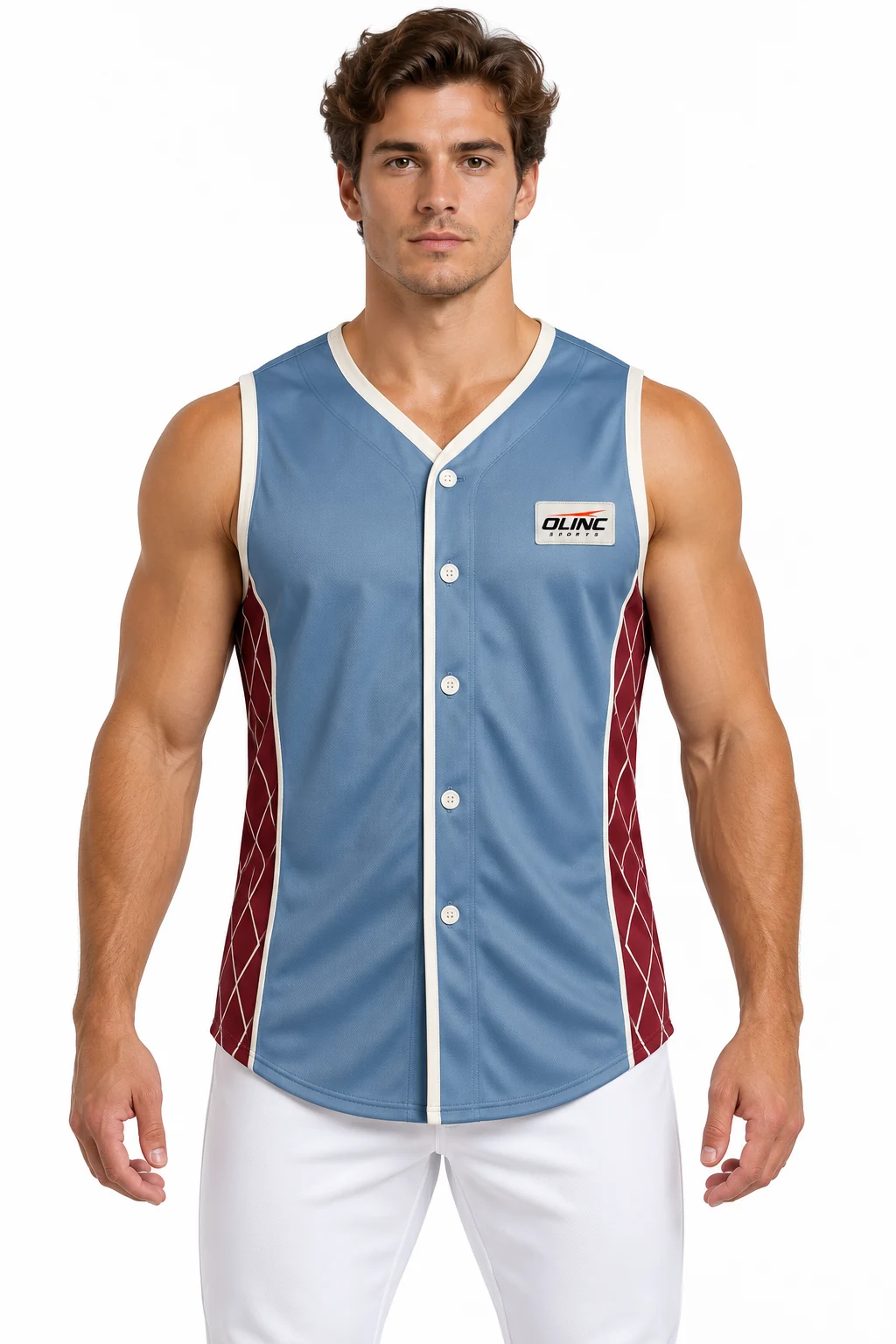 Baseball Ledger Sleeveless Jersey front design visualization: dusty blue body, ivory binding and deep burgundy side panels