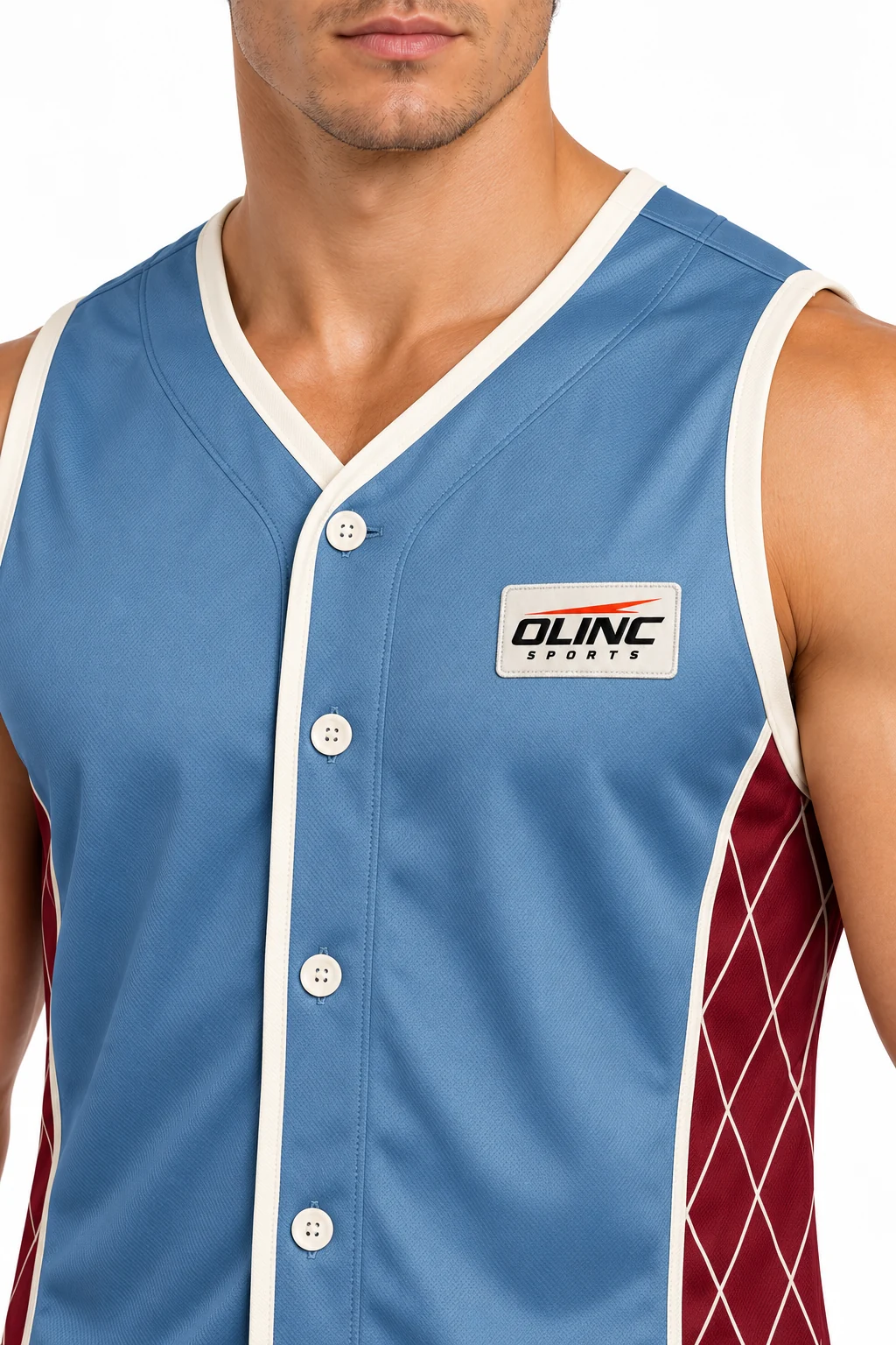 Baseball Ledger Sleeveless Jersey zoom design visualization: dusty blue body, ivory binding and deep burgundy side panels