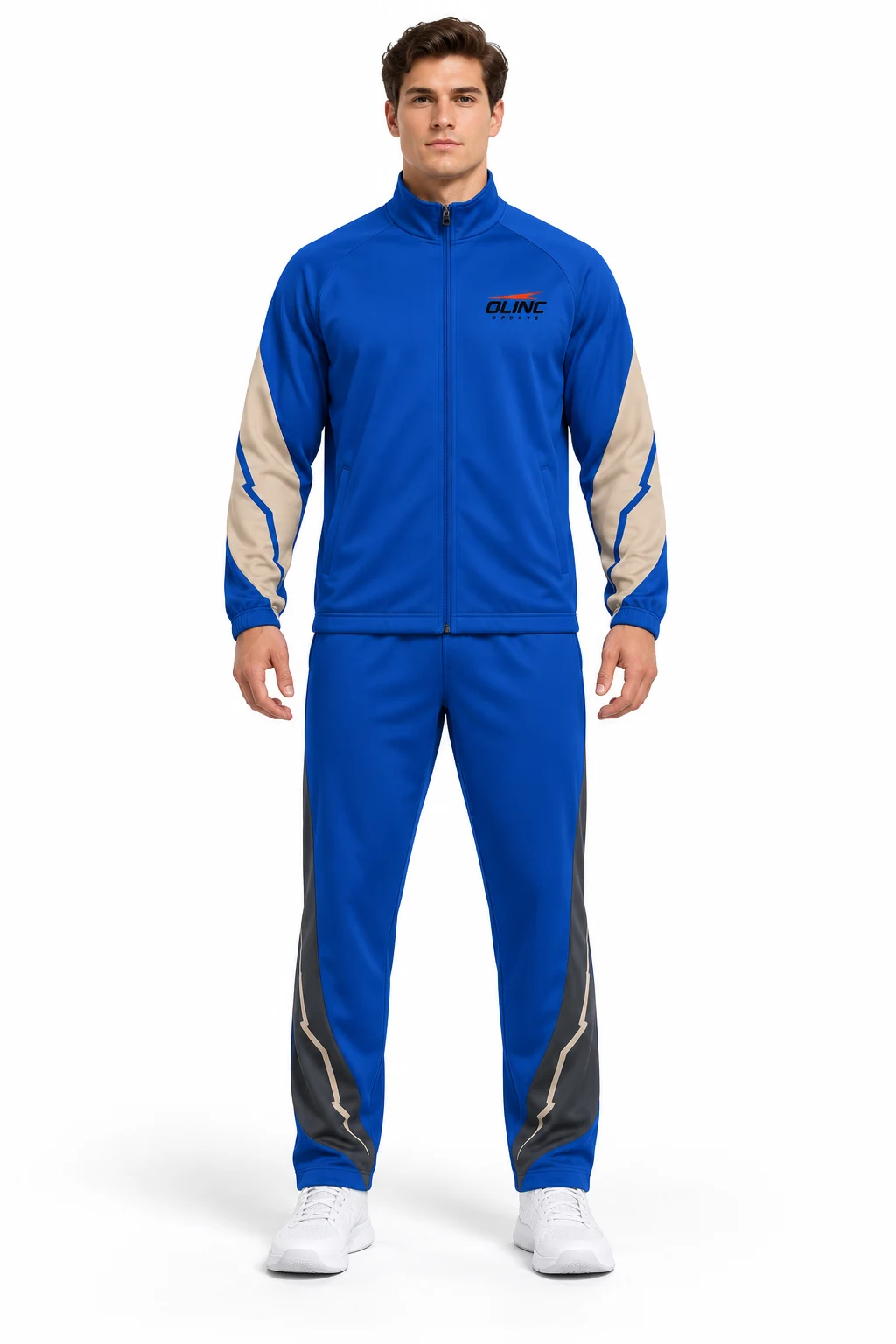 Basketball Concourse Warmup Set front design visualization: cobalt body, sand curved elbow inserts and charcoal trouser panels