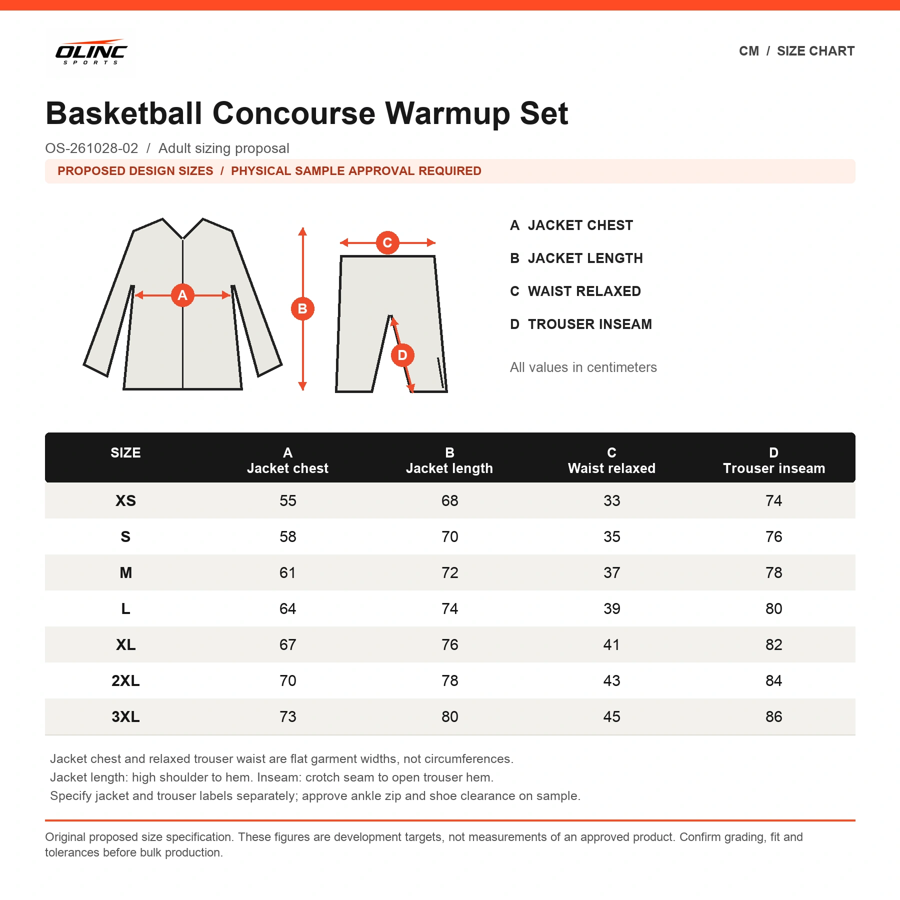 Basketball Concourse Warmup Set proposed numeric size chart in cm with labeled technical measurement illustration