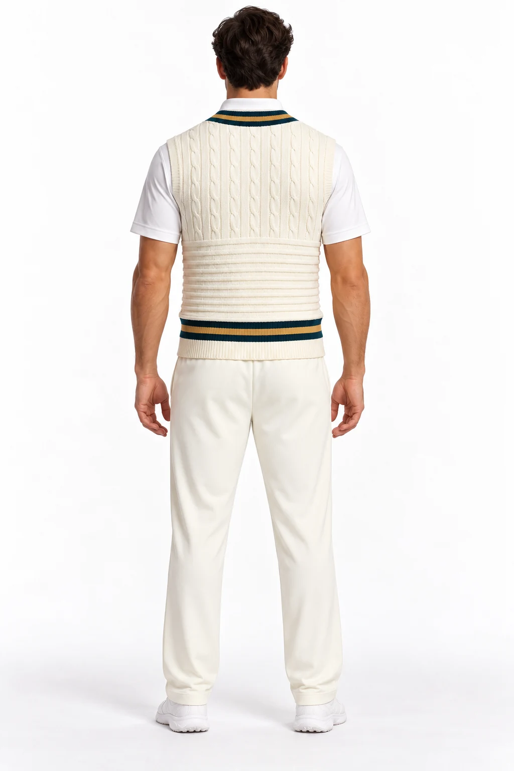 Cricket Pavilionline Knit Vest Kit back design visualization: warm ivory vest and trousers, petrol blue neck bands and muted ochre knit details