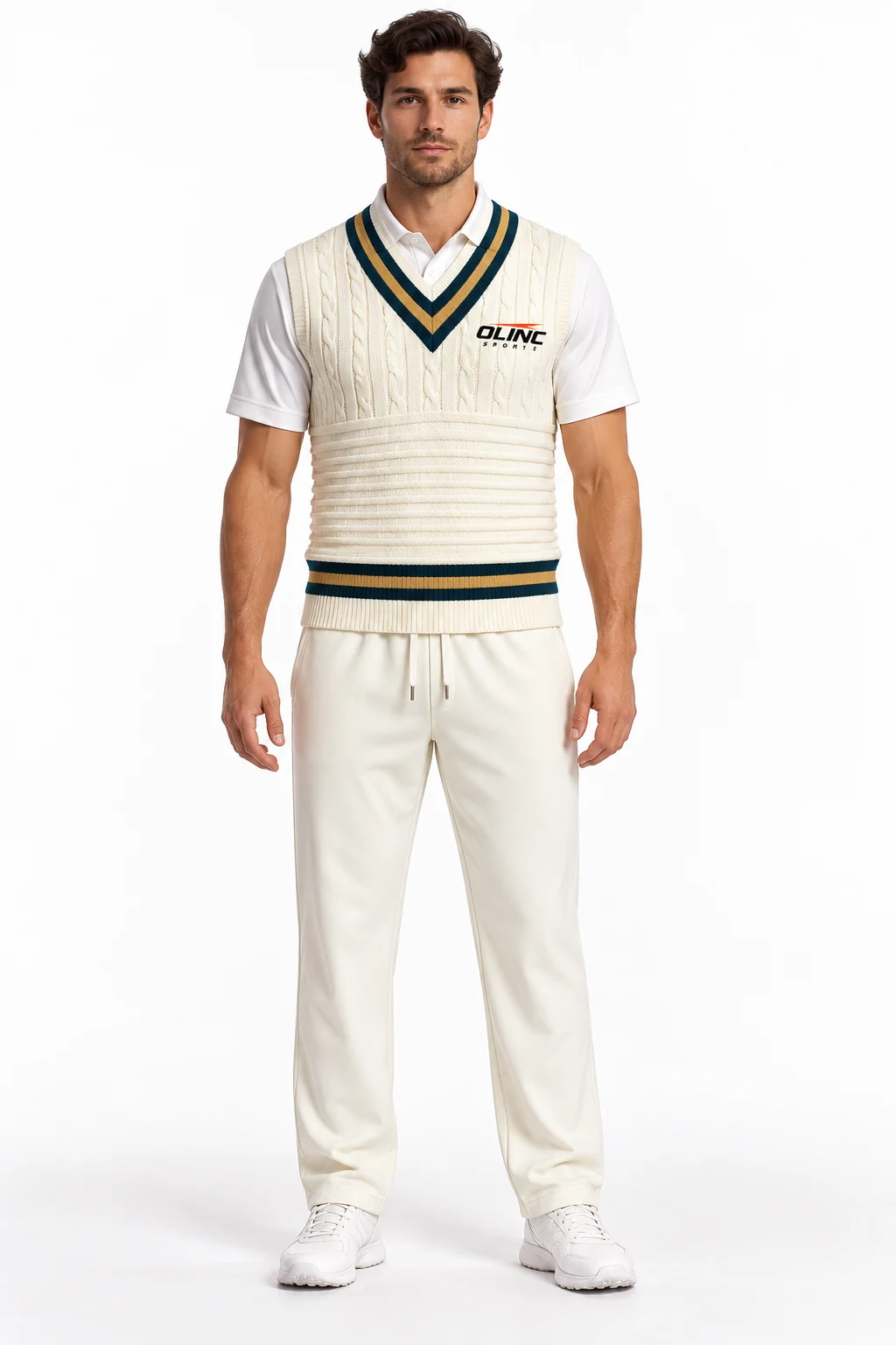 Cricket Pavilionline Knit Vest Kit front design visualization: warm ivory vest and trousers, petrol blue neck bands and muted ochre knit details