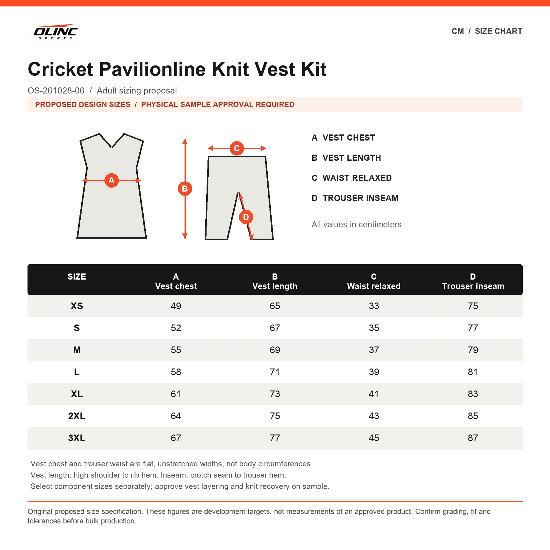 Cricket Pavilionline Knit Vest Kit proposed numeric size chart in cm with labeled technical measurement illustration