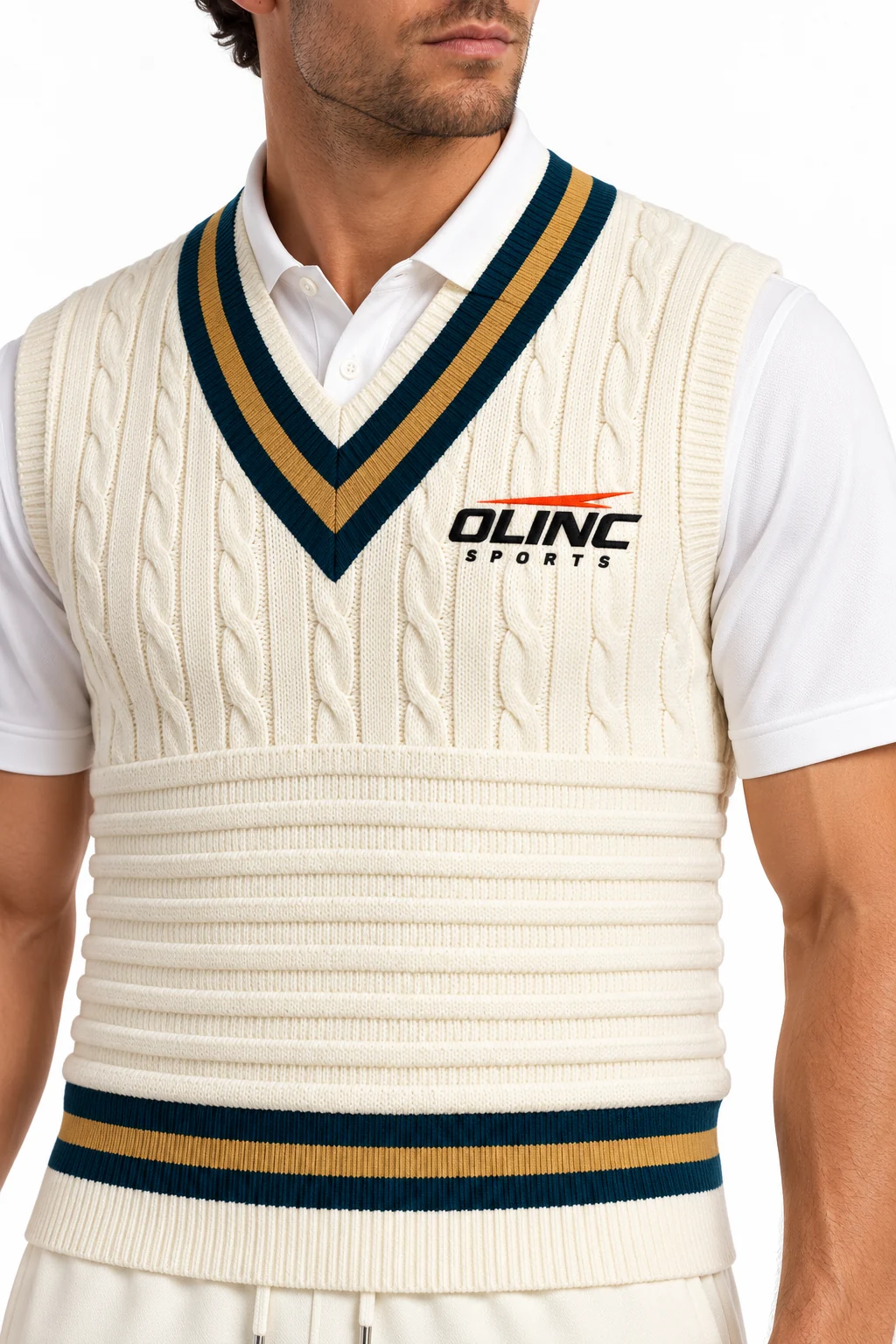 Cricket Pavilionline Knit Vest Kit zoom design visualization: warm ivory vest and trousers, petrol blue neck bands and muted ochre knit details