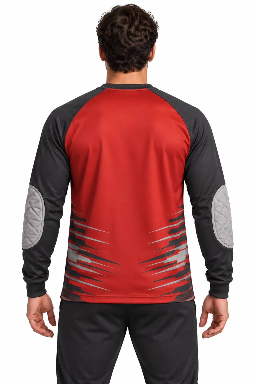 Handball Gatehouse Keeper Top back design visualization: brick red body, charcoal sleeves and light gray elbow overlays