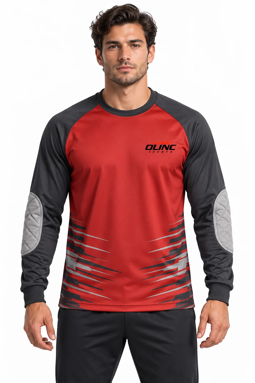 Handball Gatehouse Keeper Top front design visualization: brick red body, charcoal sleeves and light gray elbow overlays