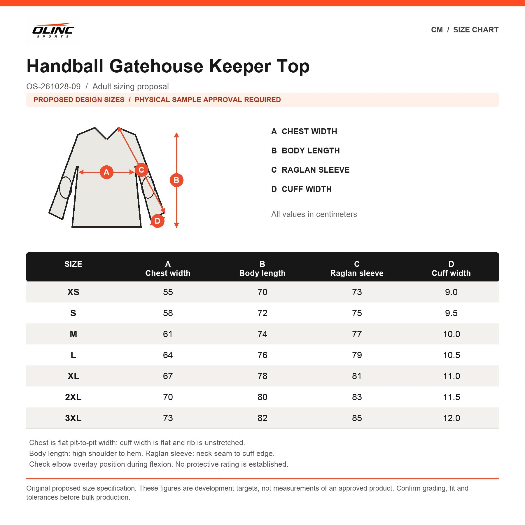 Handball Gatehouse Keeper Top proposed numeric size chart in cm with labeled technical measurement illustration