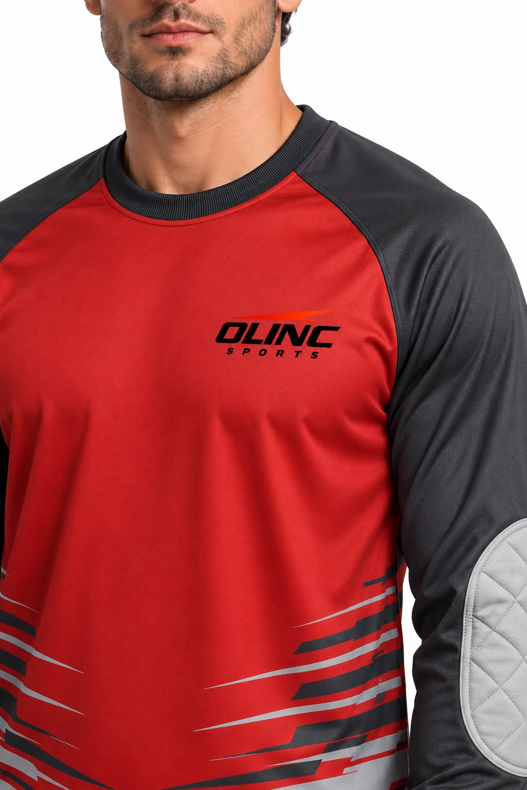 Handball Gatehouse Keeper Top zoom design visualization: brick red body, charcoal sleeves and light gray elbow overlays