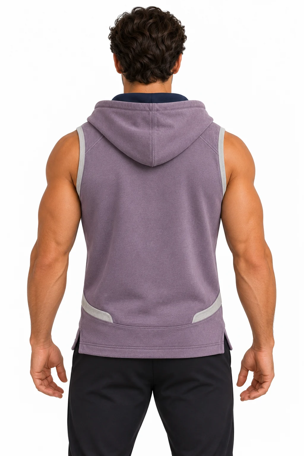 Hoodie Dockside Sleeveless Zip Vest back design visualization: washed violet body, dark ink hood lining and pale gray bindings