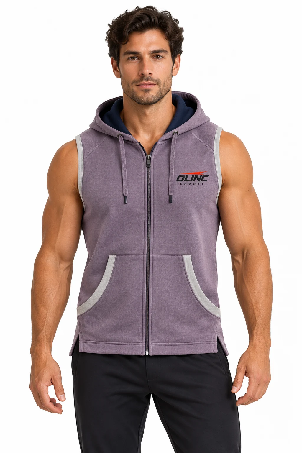 Hoodie Dockside Sleeveless Zip Vest front design visualization: washed violet body, dark ink hood lining and pale gray bindings