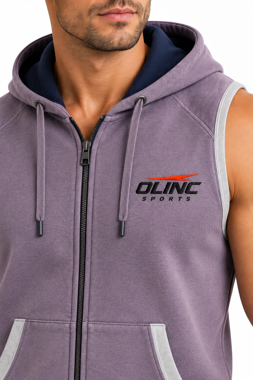 Hoodie Dockside Sleeveless Zip Vest zoom design visualization: washed violet body, dark ink hood lining and pale gray bindings
