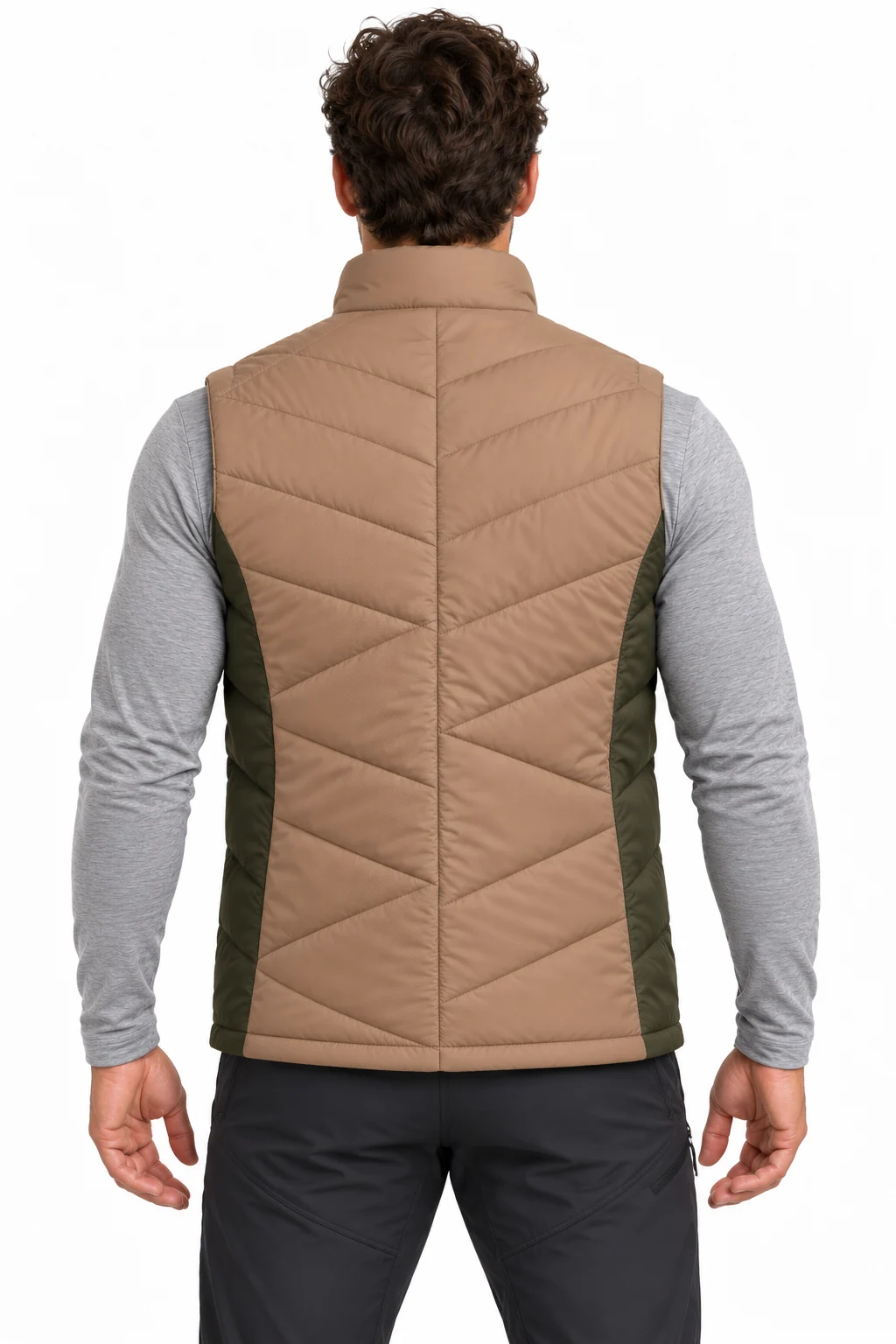 Jacket Quarry Angled-Baffle Vest back design visualization: muted clay body, dark olive side panels and pale sand zip tape