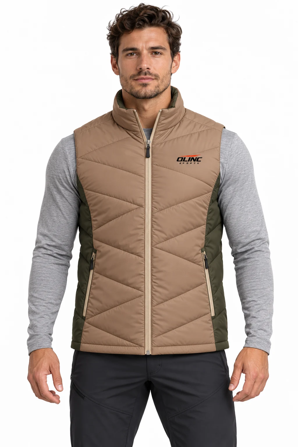 Jacket Quarry Angled-Baffle Vest front design visualization: muted clay body, dark olive side panels and pale sand zip tape