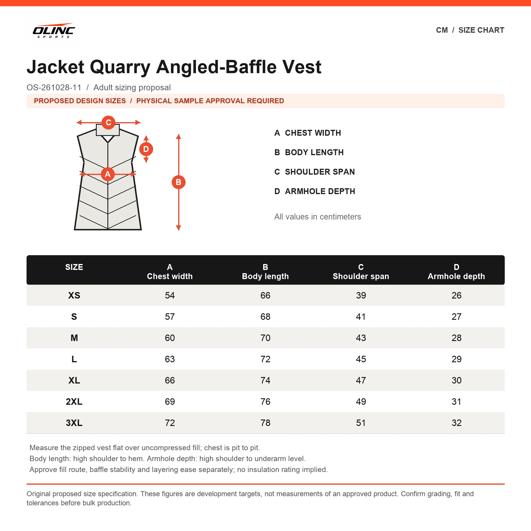 Jacket Quarry Angled-Baffle Vest proposed numeric size chart in cm with labeled technical measurement illustration