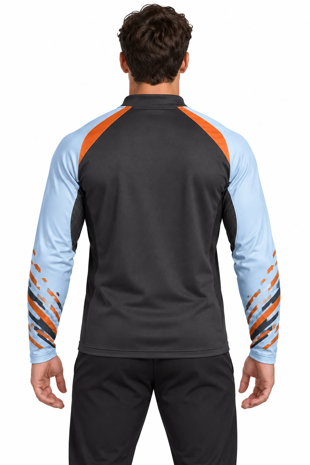Esports Vectorfall Offset-Zip Top back design visualization: charcoal torso, pale ice blue sleeves and copper shoulder accents
