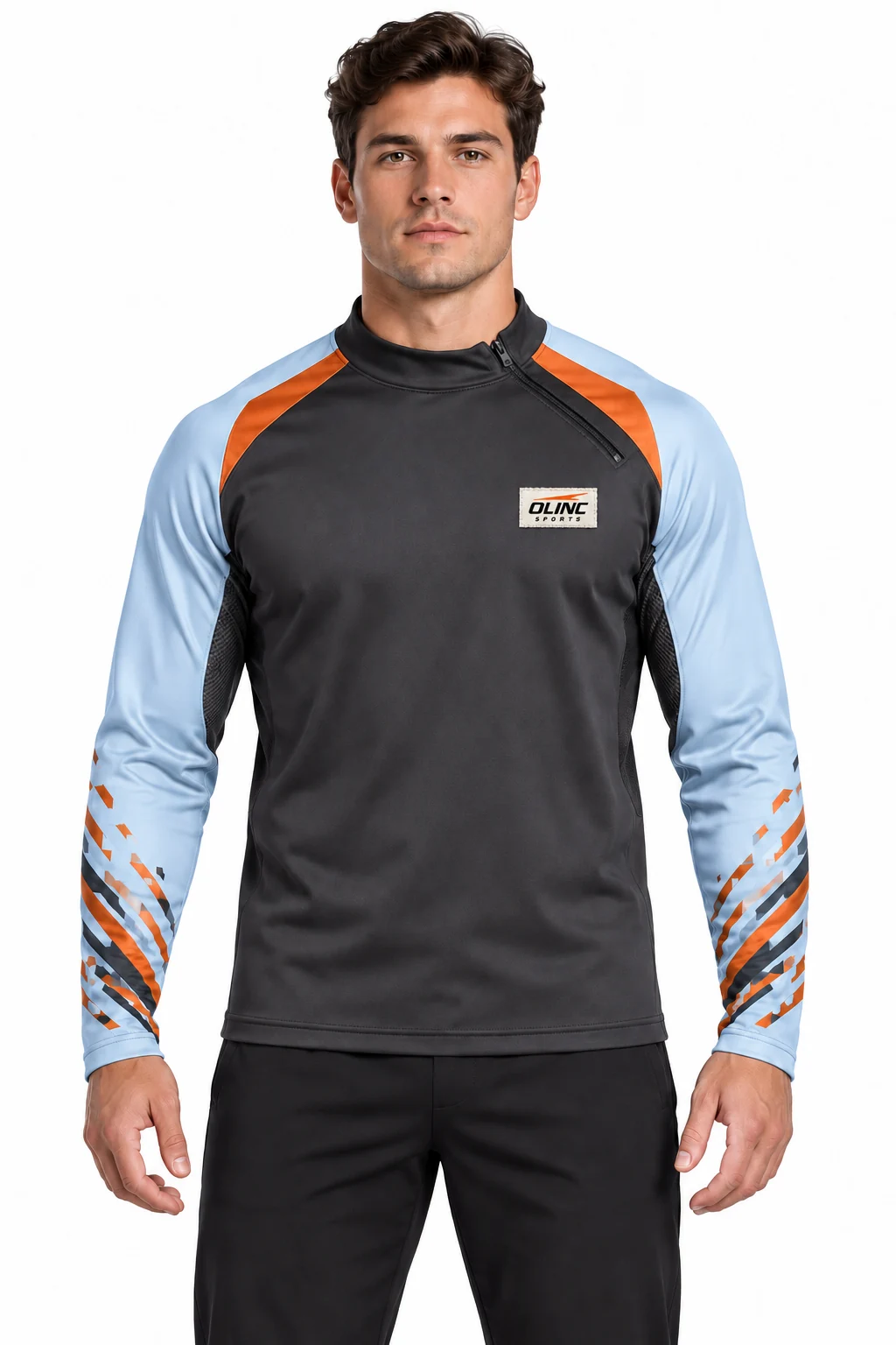 Esports Vectorfall Offset-Zip Top front design visualization: charcoal torso, pale ice blue sleeves and copper shoulder accents