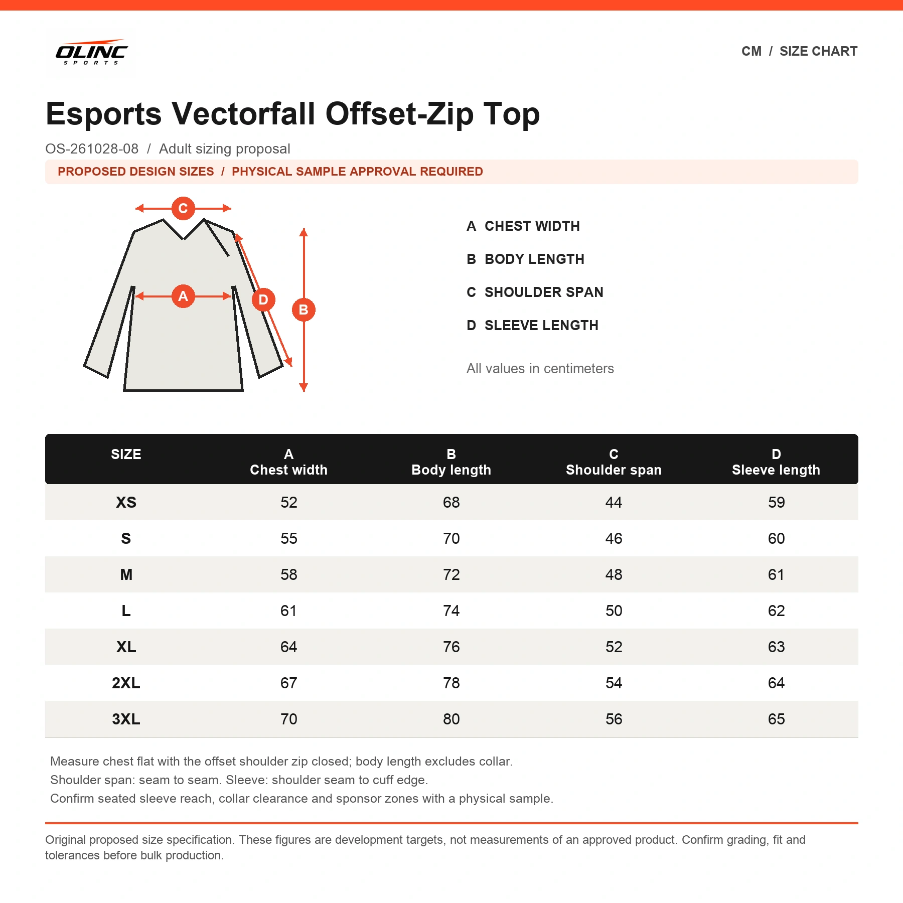 Esports Vectorfall Offset-Zip Top proposed numeric size chart in cm with labeled technical measurement illustration