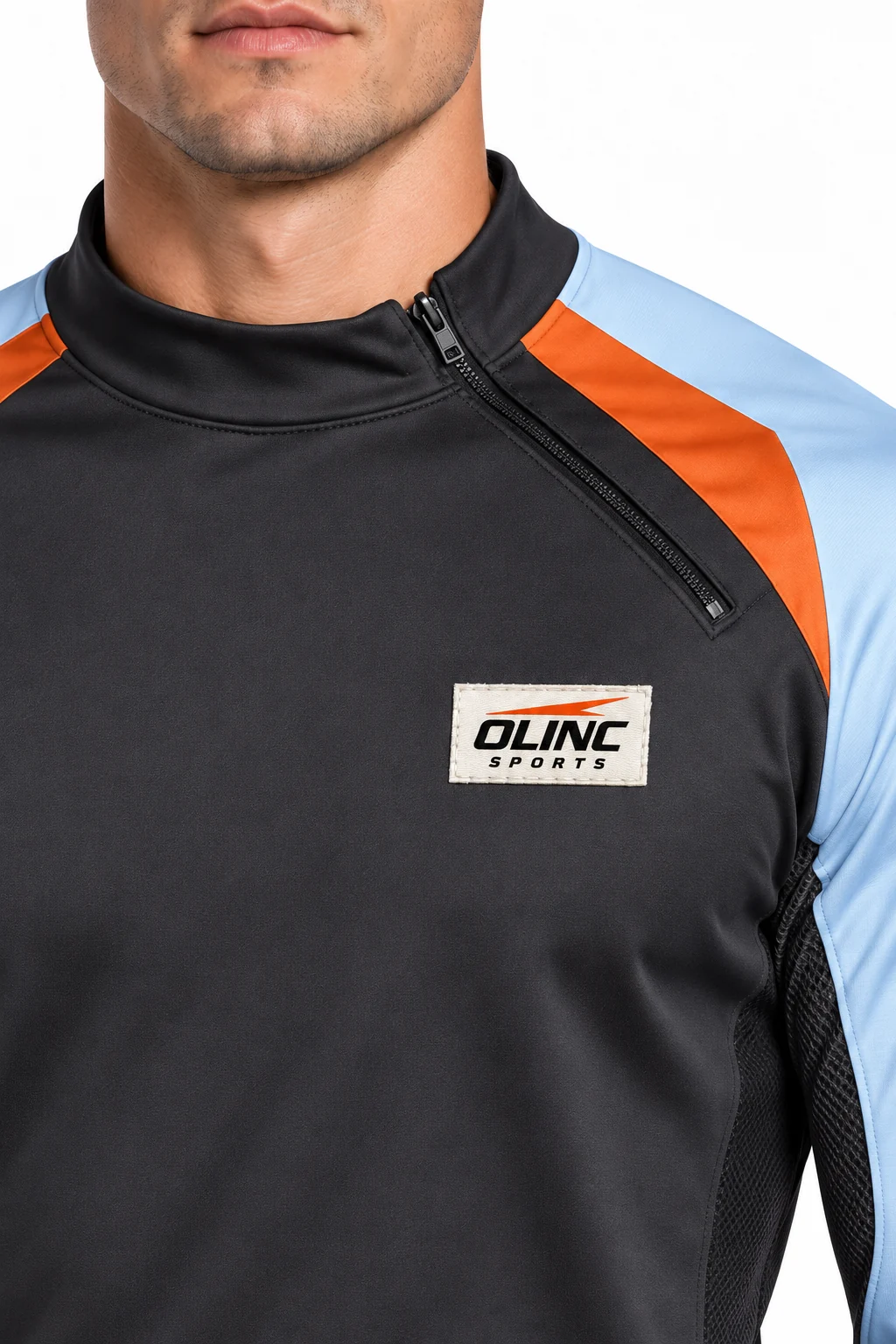 Esports Vectorfall Offset-Zip Top zoom design visualization: charcoal torso, pale ice blue sleeves and copper shoulder accents