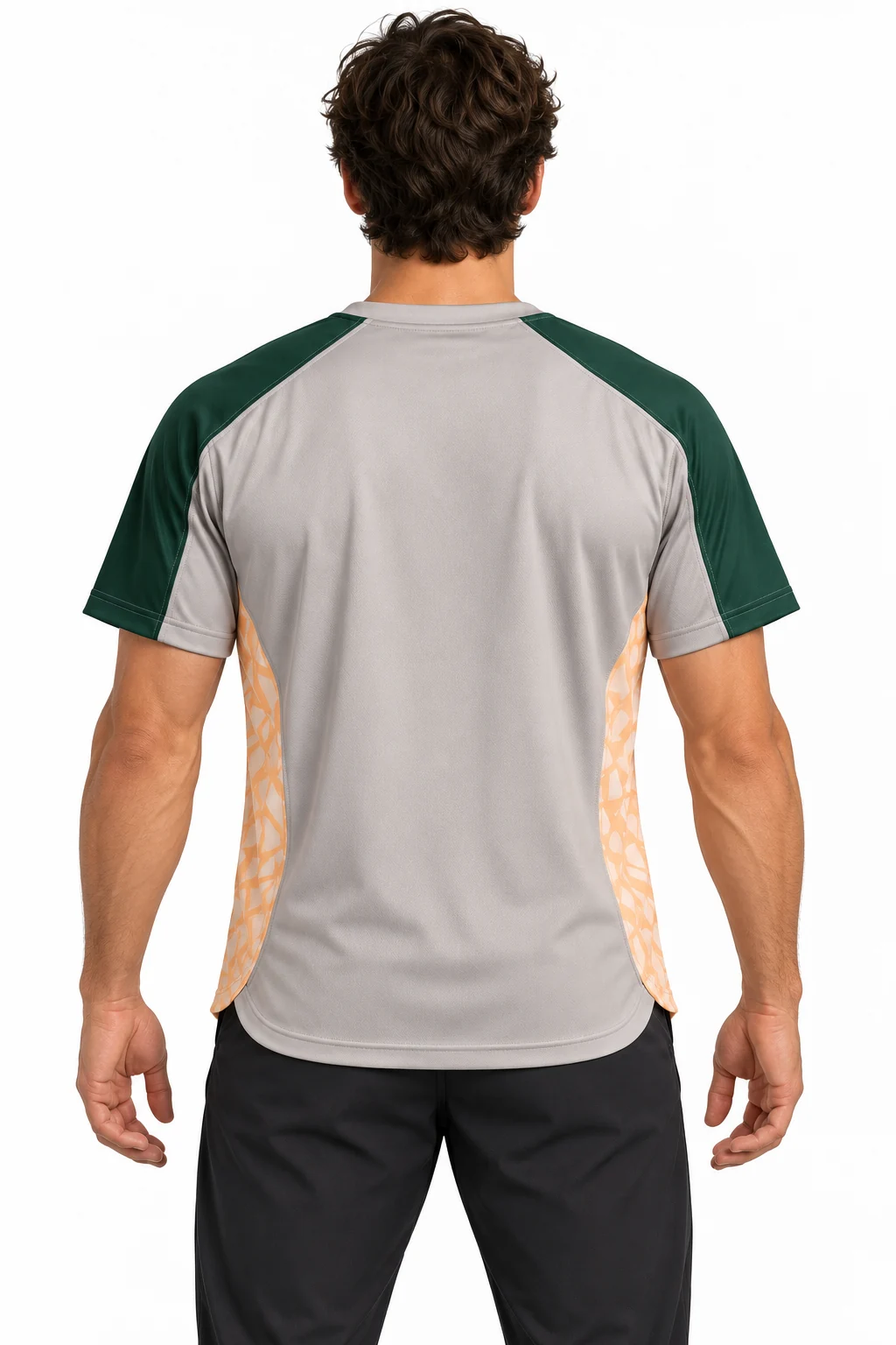 Lacrosse Flint Notch-Neck Top back design visualization: warm gray body, bottle green shoulders and pale apricot side gussets