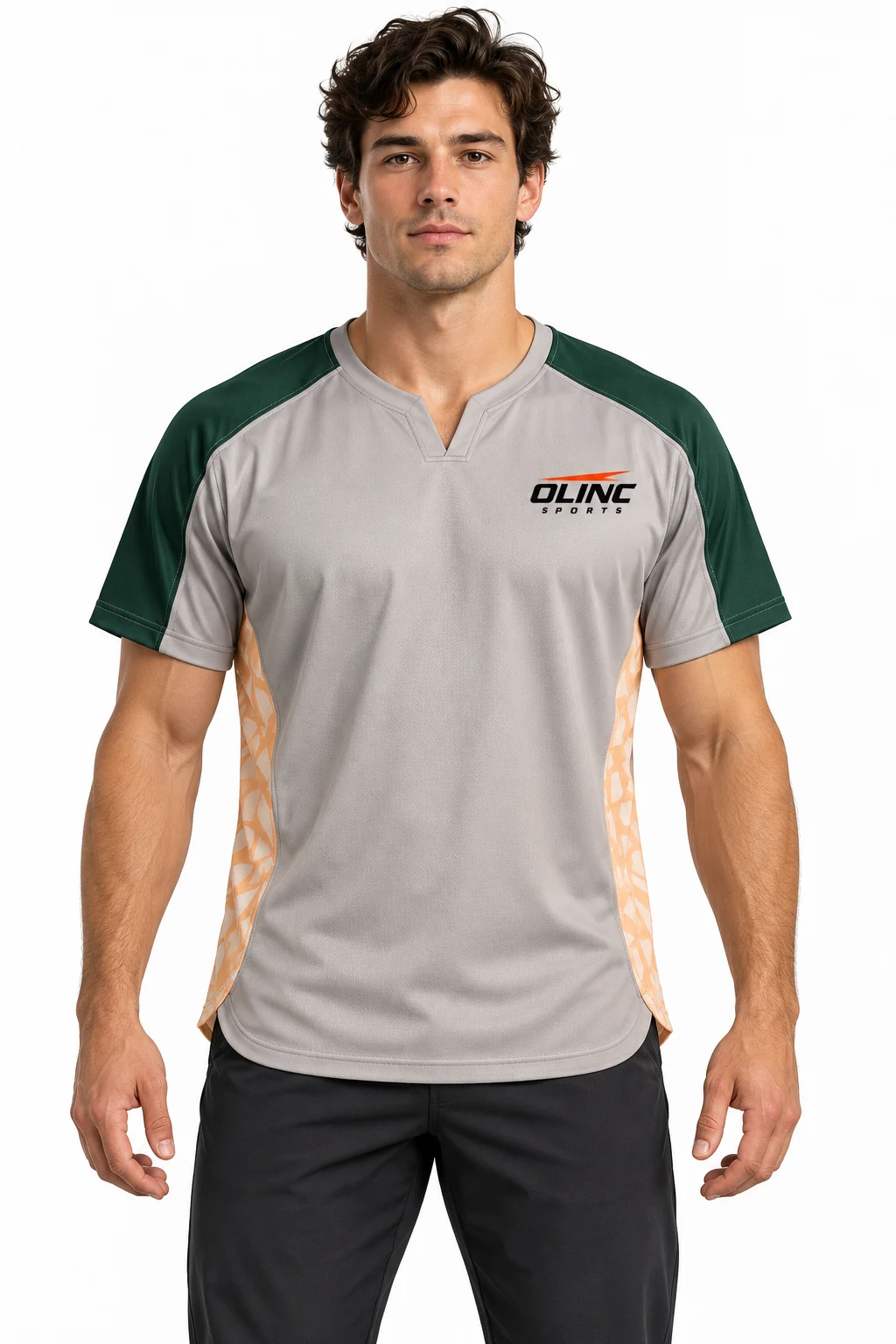 Lacrosse Flint Notch-Neck Top front design visualization: warm gray body, bottle green shoulders and pale apricot side gussets