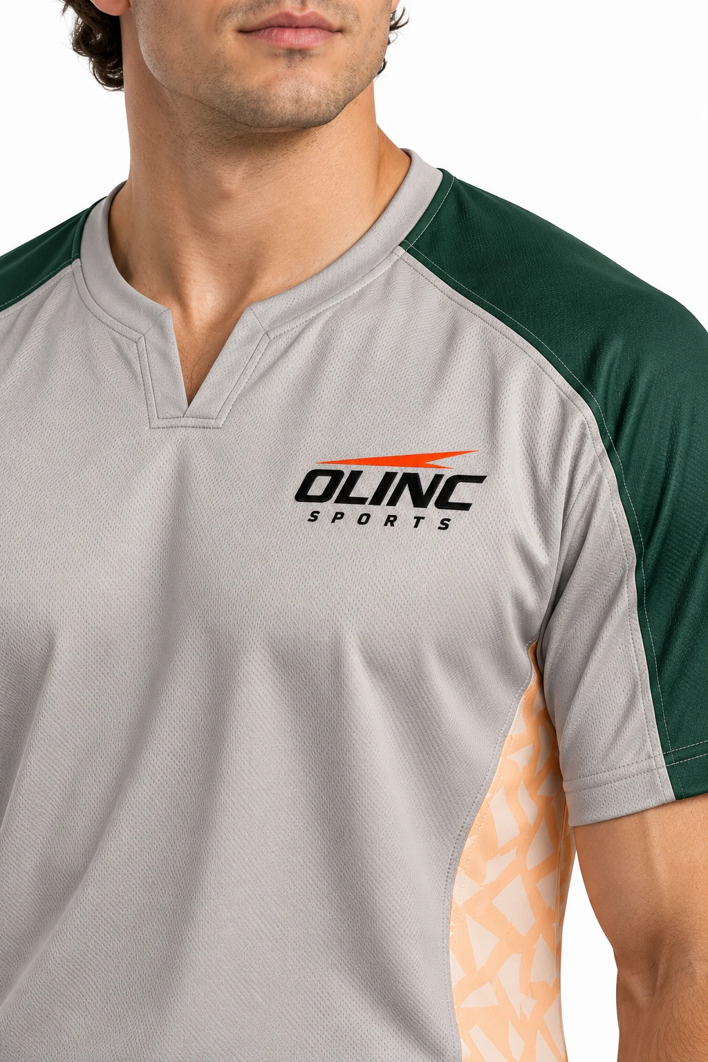 Lacrosse Flint Notch-Neck Top zoom design visualization: warm gray body, bottle green shoulders and pale apricot side gussets