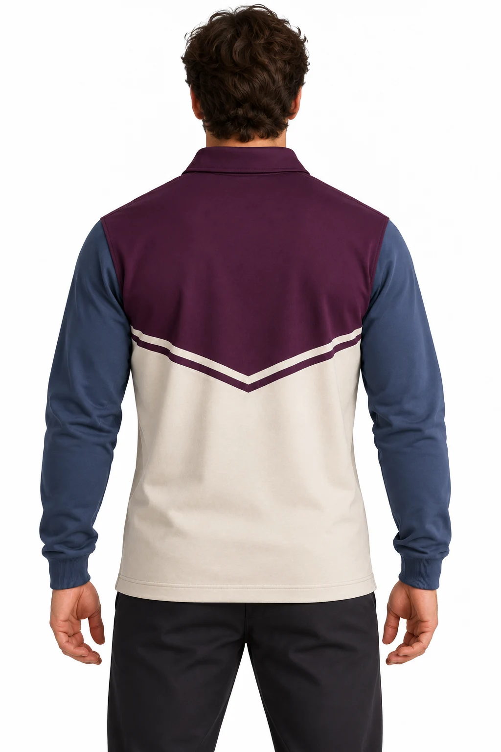 Rugby Trestle Long-Sleeve Drill Top back design visualization: deep plum upper body, stone lower body and slate blue sleeves