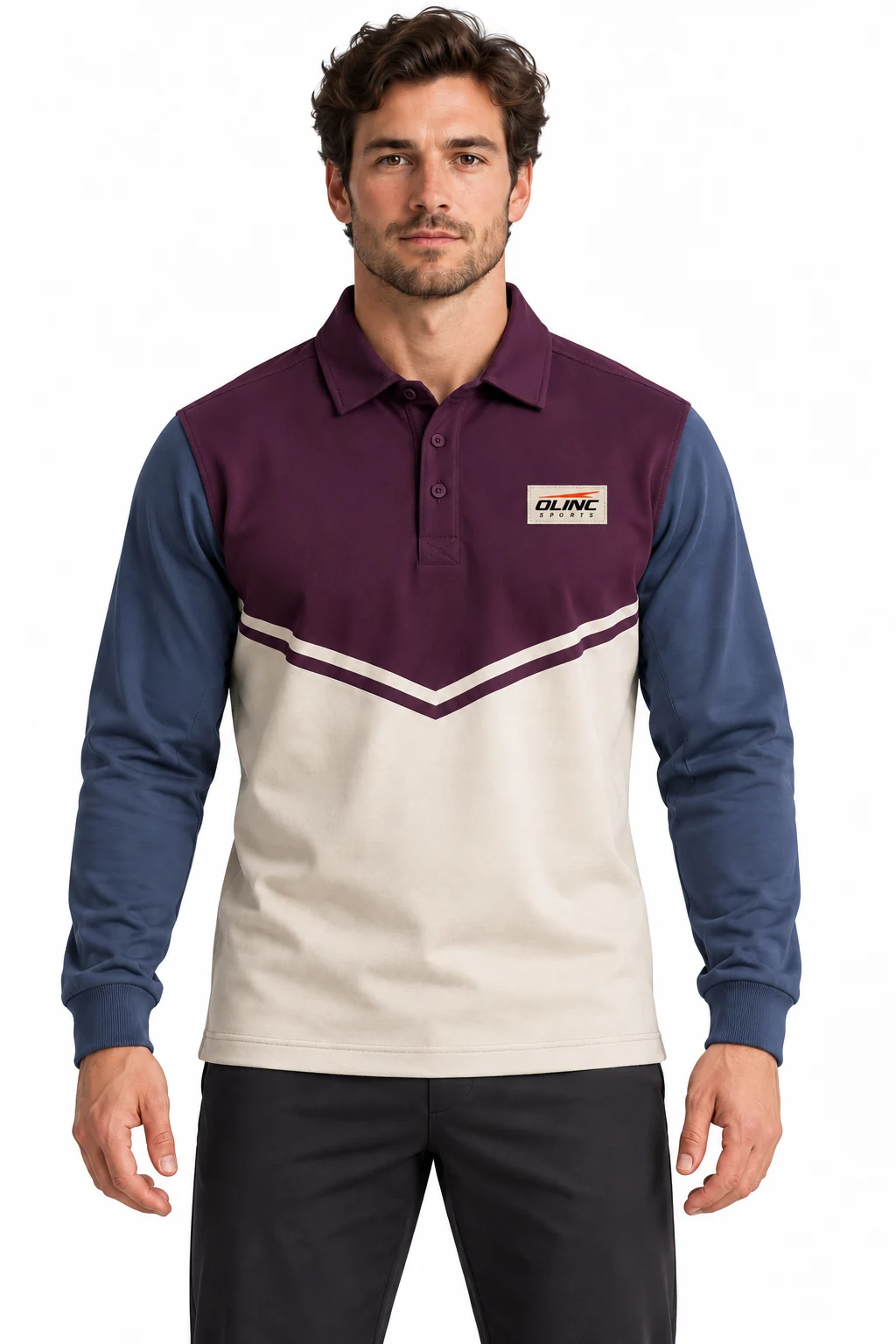 Rugby Trestle Long-Sleeve Drill Top front design visualization: deep plum upper body, stone lower body and slate blue sleeves
