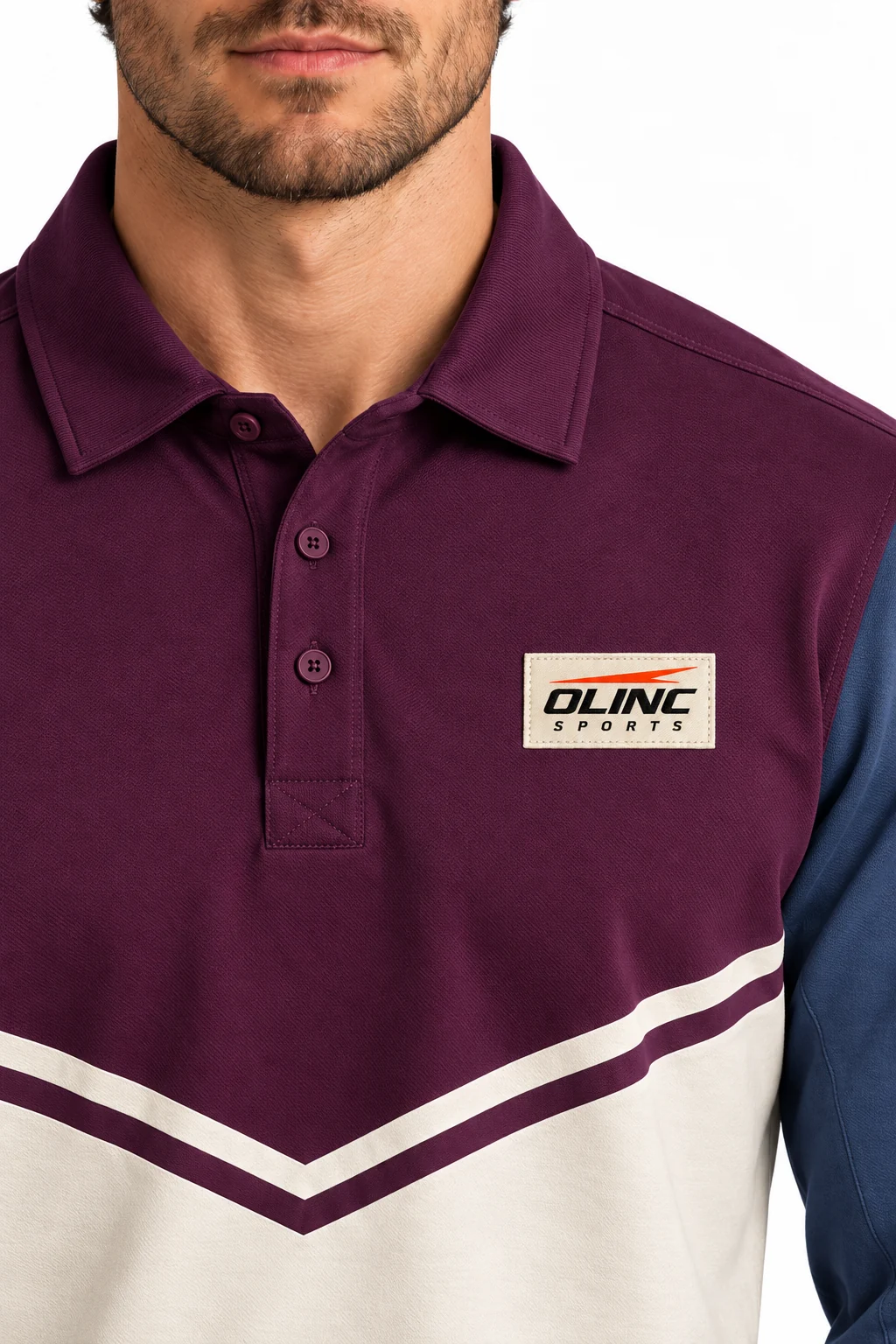 Rugby Trestle Long-Sleeve Drill Top zoom design visualization: deep plum upper body, stone lower body and slate blue sleeves