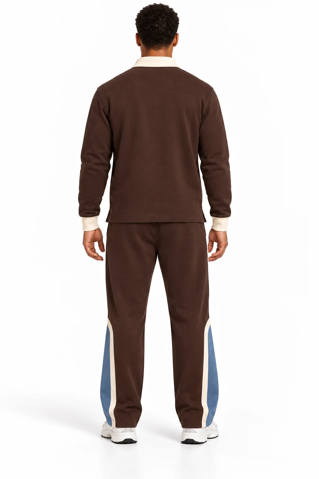 Tracksuit Commonroom Polo Set back design visualization: deep chocolate body, cream collar and cuffs with muted blue lower-leg panels