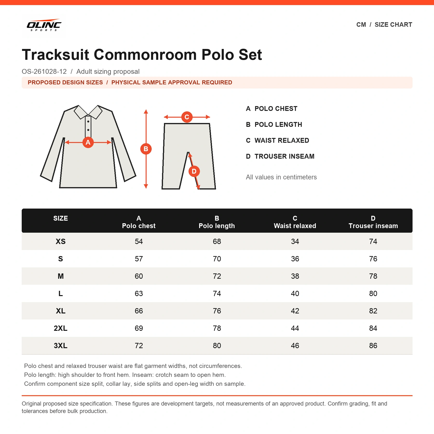 Tracksuit Commonroom Polo Set proposed numeric size chart in cm with labeled technical measurement illustration