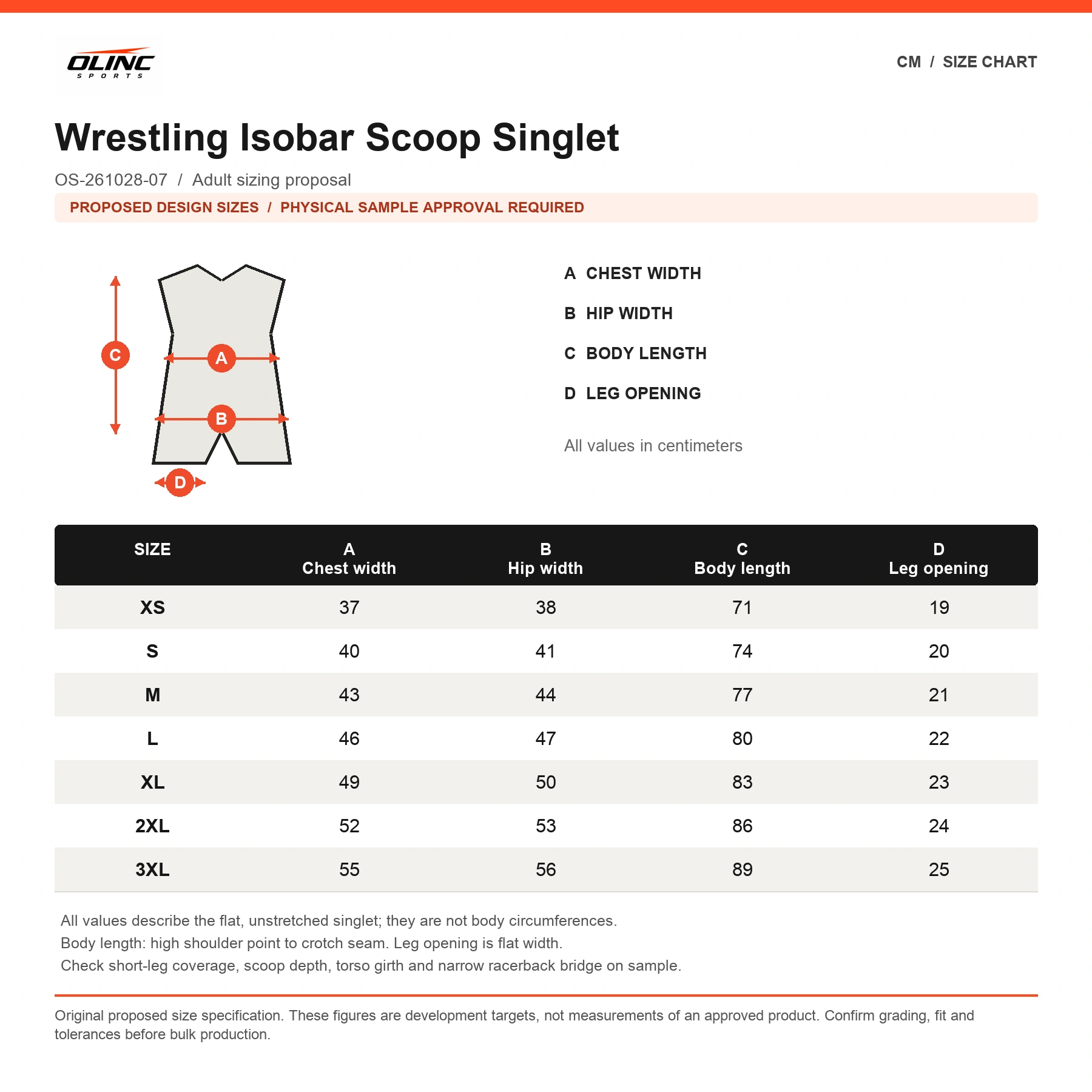 Wrestling Isobar Scoop Singlet proposed numeric size chart in cm with labeled technical measurement illustration