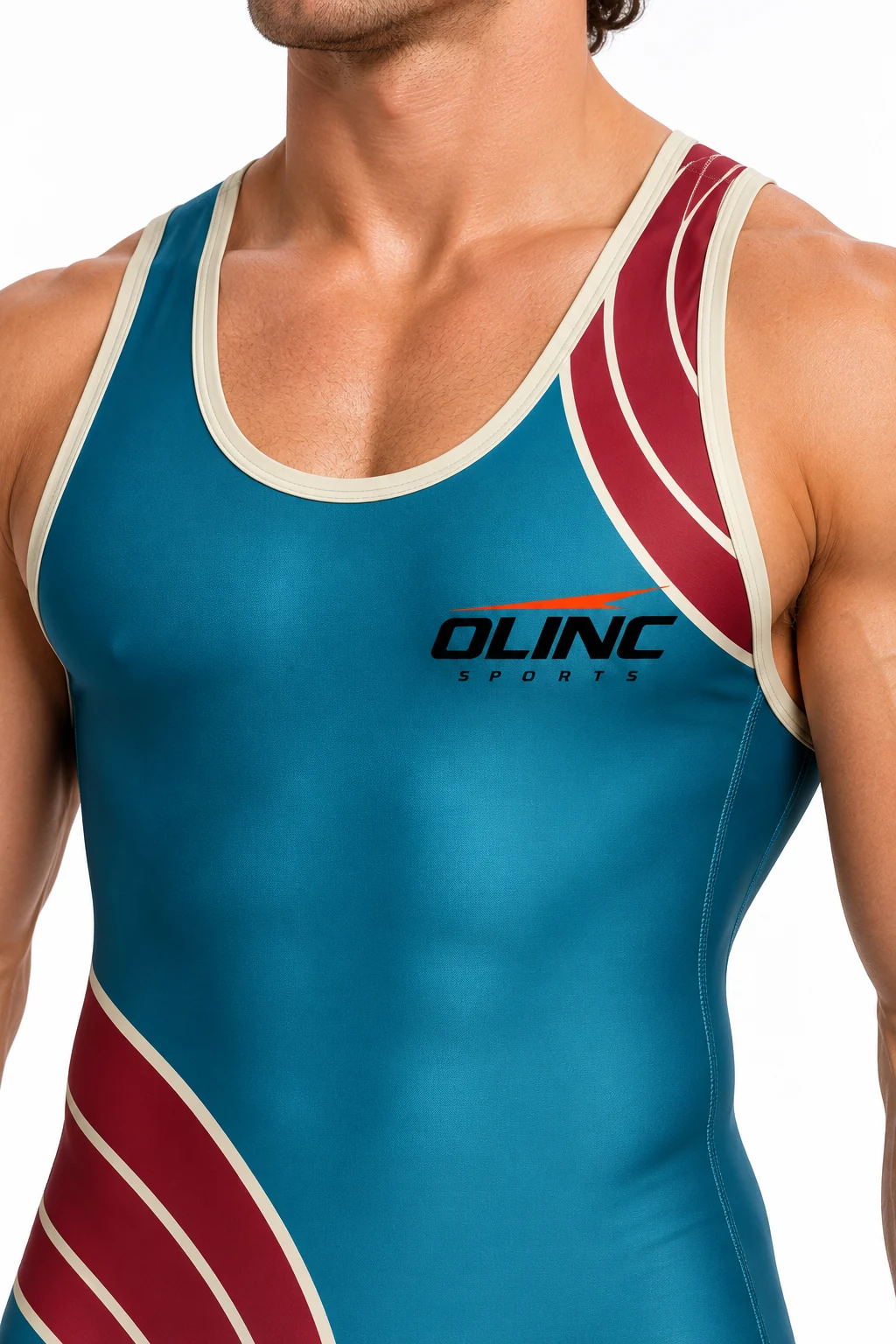 Wrestling Isobar Scoop Singlet zoom design visualization: deep turquoise body, pale stone binding and maroon curved graphic fields