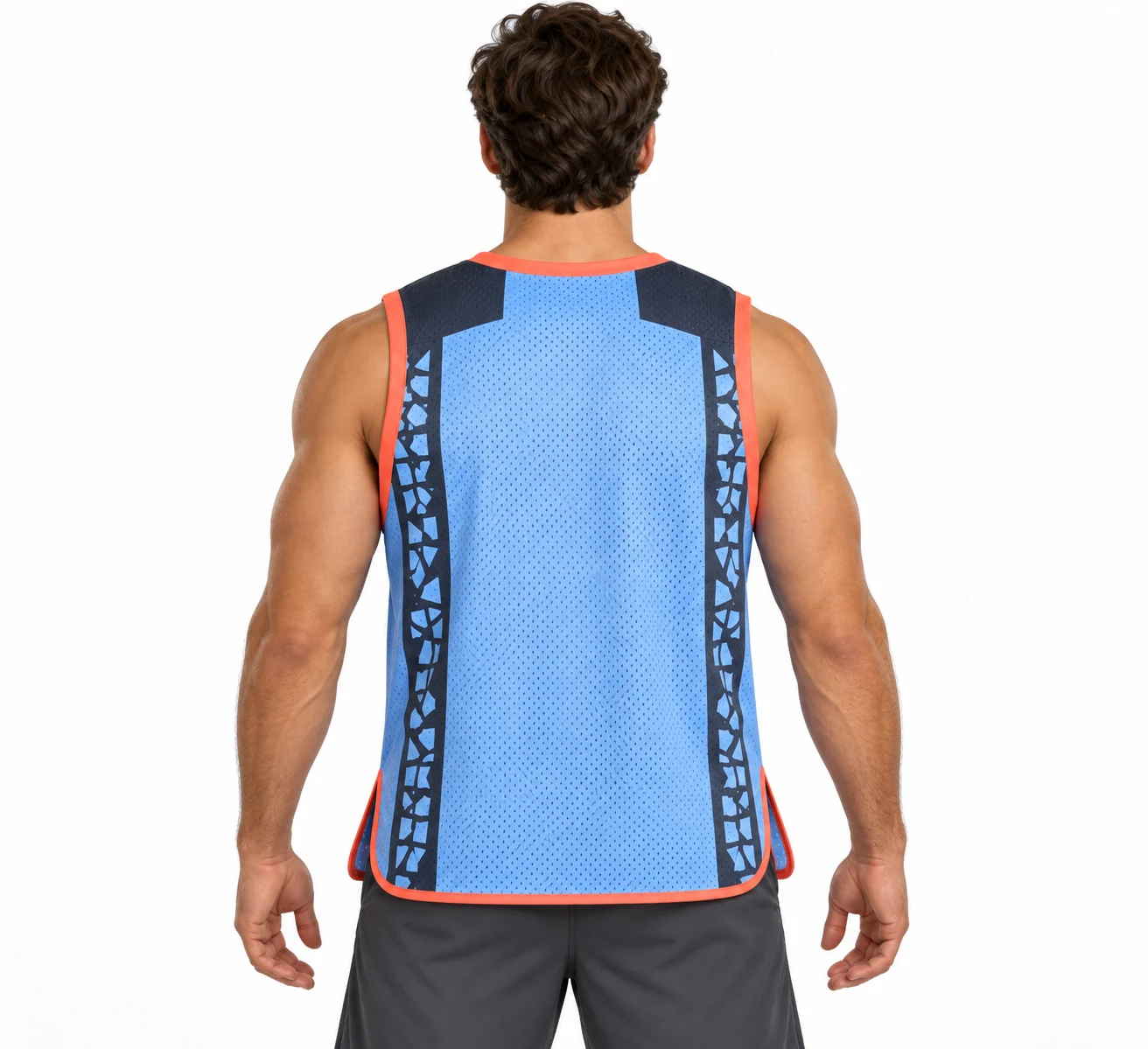 American Football Fieldmark Pinnie back design visualization showing powder blue open-mesh body, charcoal shoulder straps and coral binding