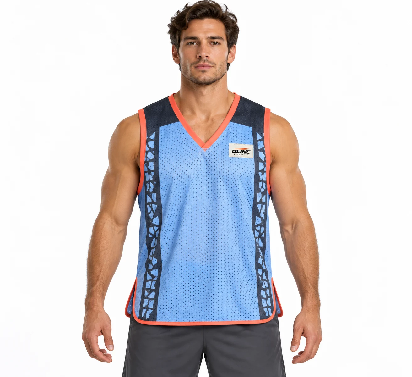 American Football Fieldmark Pinnie front design visualization showing powder blue open-mesh body, charcoal shoulder straps and coral binding