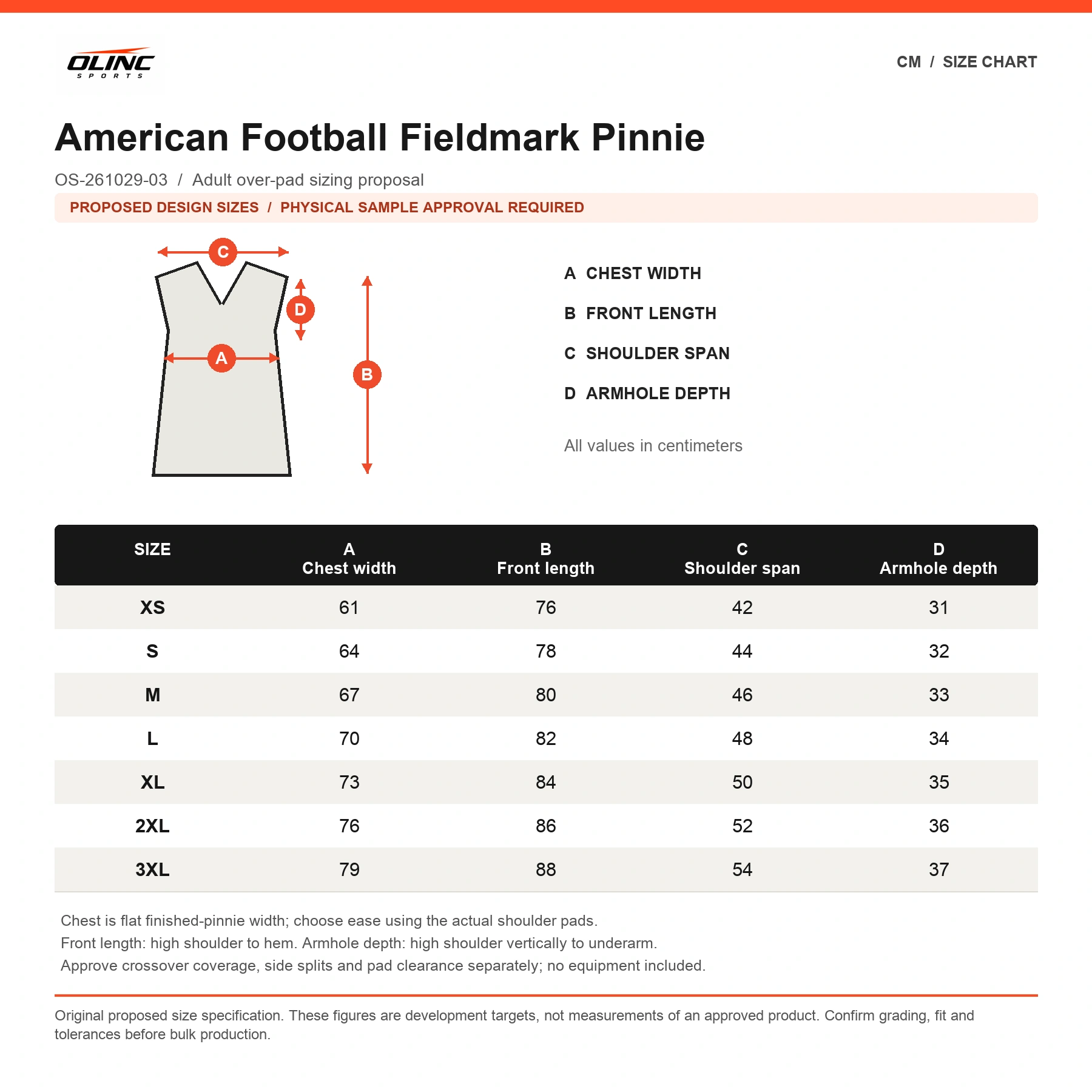 American Football Fieldmark Pinnie original proposed numeric cm chart with technical measurement diagram and sample approval label