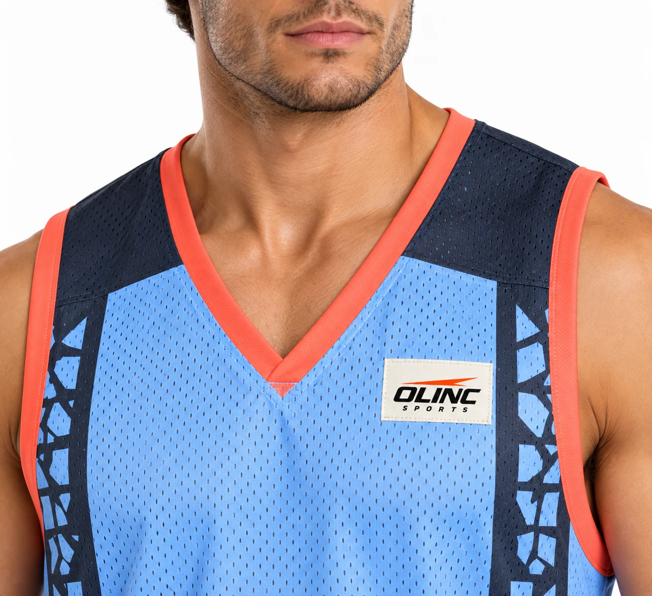 American Football Fieldmark Pinnie zoom design visualization showing powder blue open-mesh body, charcoal shoulder straps and coral binding