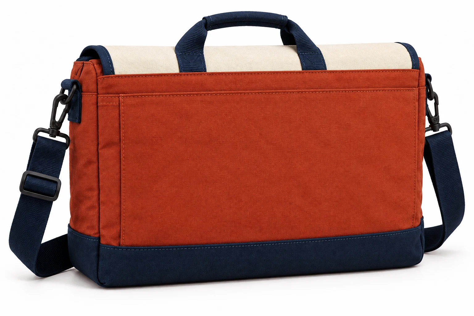 Bag Courtside Flap Messenger back design visualization showing brick clay body, cream flap panel and deep navy webbing and base
