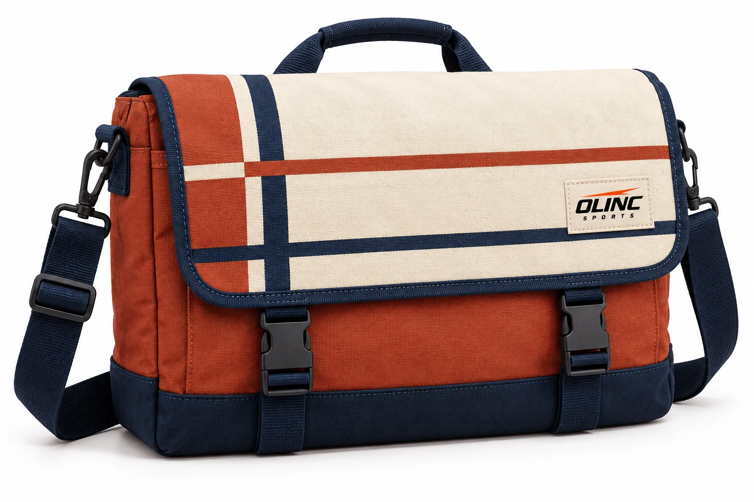 Bag Courtside Flap Messenger front design visualization showing brick clay body, cream flap panel and deep navy webbing and base