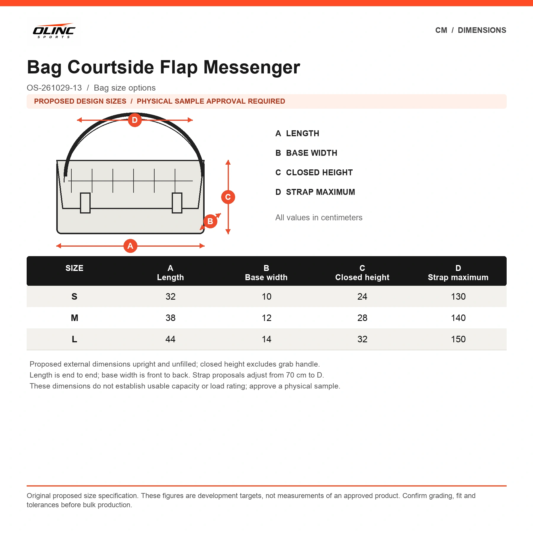 Bag Courtside Flap Messenger original proposed numeric cm chart with technical measurement diagram and sample approval label
