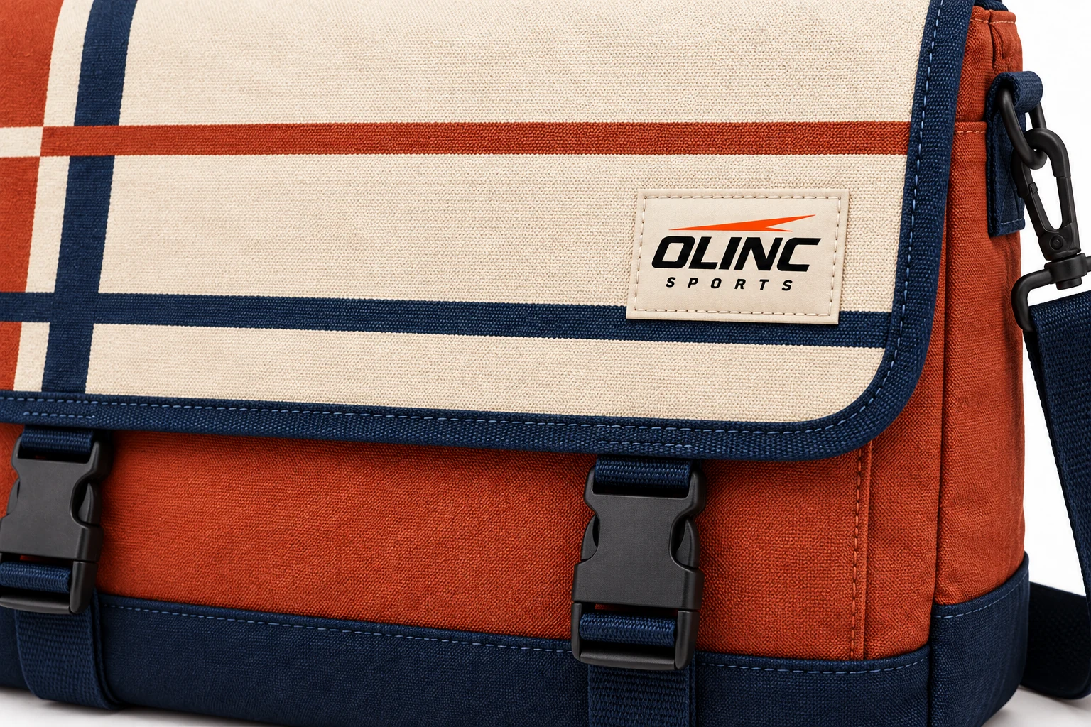 Bag Courtside Flap Messenger zoom design visualization showing brick clay body, cream flap panel and deep navy webbing and base