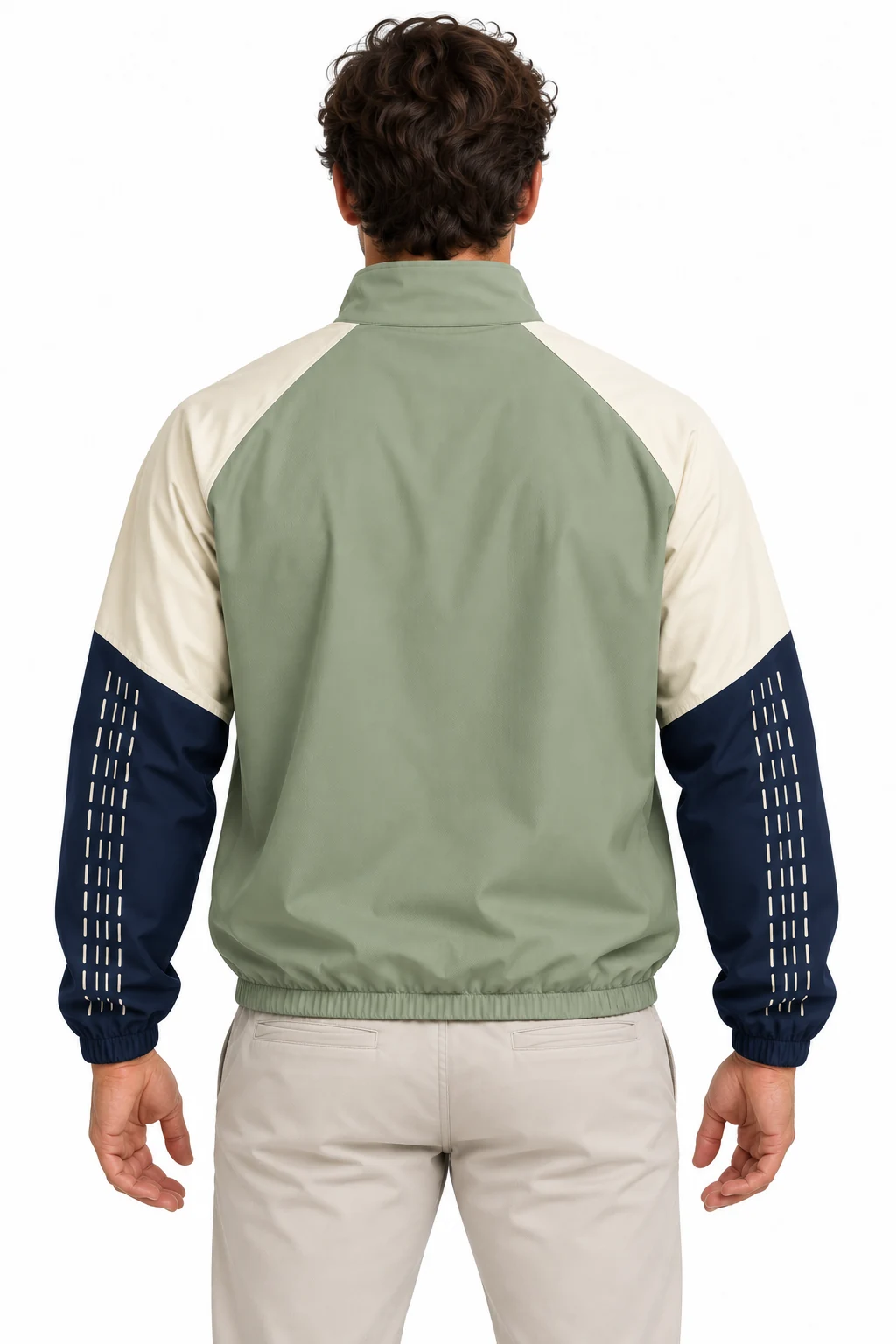 Baseball Bullpen Half-Zip Top back design visualization showing soft sage body, cream upper sleeves and deep navy lower sleeves