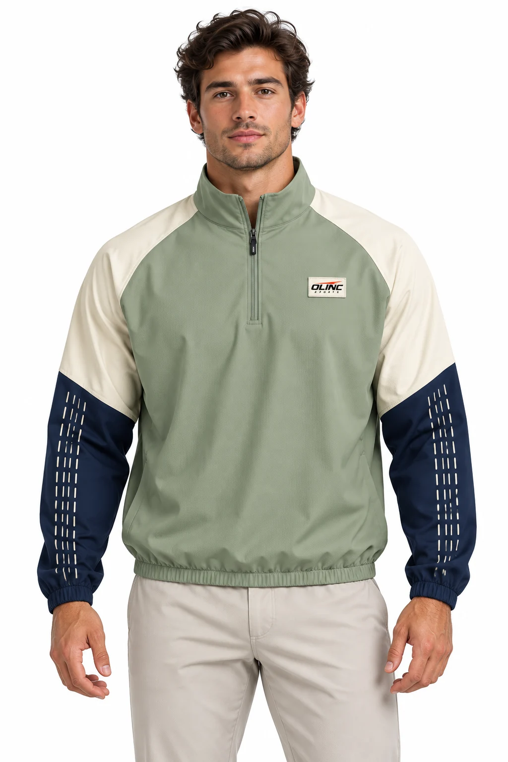 Baseball Bullpen Half-Zip Top front design visualization showing soft sage body, cream upper sleeves and deep navy lower sleeves