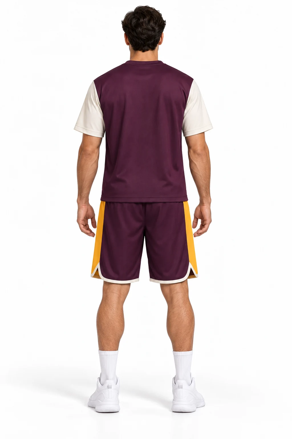 Basketball Rebound Shooting Set back design visualization showing deep aubergine body, ivory sleeves and bright marigold shorts side panels