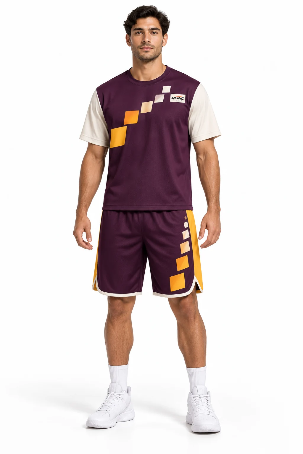 Basketball Rebound Shooting Set front design visualization showing deep aubergine body, ivory sleeves and bright marigold shorts side panels