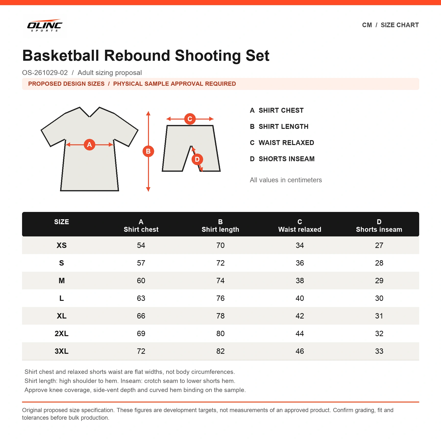 Basketball Rebound Shooting Set original proposed numeric cm chart with technical measurement diagram and sample approval label