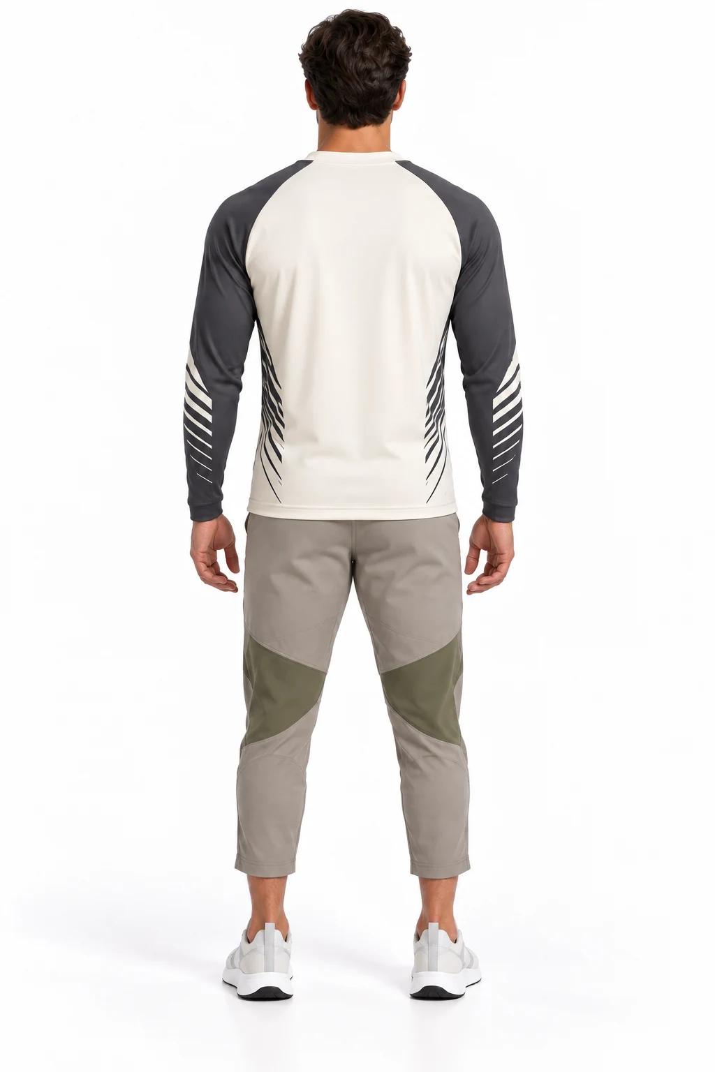 Cricket Creasework Training Kit back design visualization showing ivory shirt, graphite raglan sleeves and warm gray cropped trousers with moss knee panels